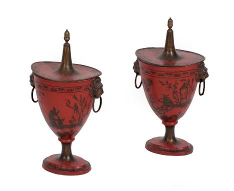 A Pair of Toleware Chestnut Urns and Covers, in Regency style, with acorn finials and lion mask and ring handles, decorated i