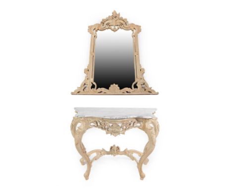 A 20th Century Cream Painted Marble Top Console Table and Mirror, in Louis XV style, the serpentine shaped grey and white mar