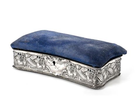 An Edward VII Silver-Mounted Jewellery-Box Pin-Cushion, by Horton and Allday, Birmingham, 1905, shaped oblong, the sides appl