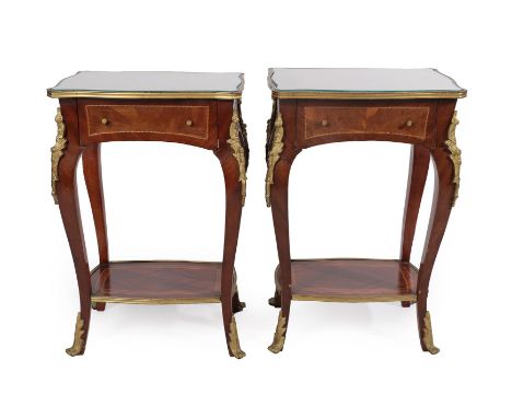 A Pair of 20th Century French Style Gilt Metal Mounted Bedside Tables, each of serpentine shaped form above a single drawer, 