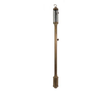 A Brass Ship's Type Barometer, 20th century, concealed mercury tube with single vernier silvered dial bearing a later inscrip