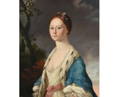 British School (18th century)  Portrait of a lady, half length, wearing a white dress with blue overcoat trimmed with ermine 