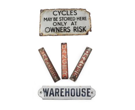 An Enamel Sign, inscribed CYLES MAY BE STORED HERE ONLY AT OWNER'S RISK, 43cm by 17.5cm; Three Enamel Signs, variously inscri