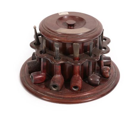 A Dunhill ''White Spot'' Mahogany Tobacco Box/Pipe Rack, 1930's, of circular form, the cover with white metal presentation pl