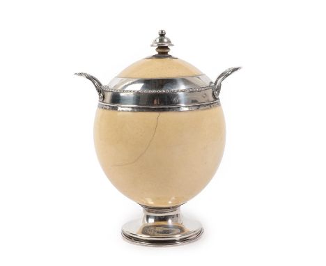 A George III Silver Mounted Ostrich Egg Cup and Matched Cover, cup by Joseph Biggs, London 1816, cover London 1844, the cover
