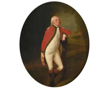 Circle of Thomas Hickey (1741-1824)  Portrait of a gentleman, full length, standing, leaning on a gate wearing full uniform  