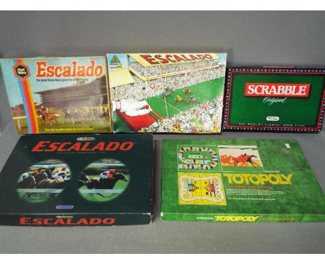 Chad Valley - Spears - Lot of 5 vintage board games including 3 different ages of Escalado, Totopoly and Scrabble. One of the