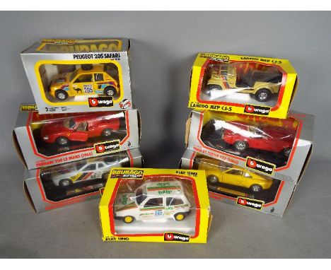 Bburago - A lot of 7 boxed 1:24 scale cars including #0116 Peugeot 205 Safari, # 9104 Fiat Uno, # 0572 Ferrari GTO. All the m