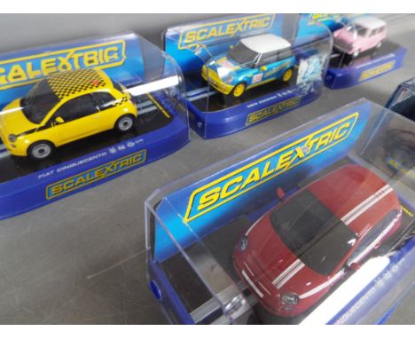 Scalextric - A collection of 5 boxed Scalextric cars including # CC3224 Morris Mini Cooper, # C3073 Mini Cooper, # C2869 Fiat