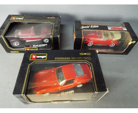 Bburago, Maisto, - Three boxed 1:18 scale diecast model vehicles. Lot consists of Bburago #3014 Alfa Romeo 8C 2300 Monza 1931