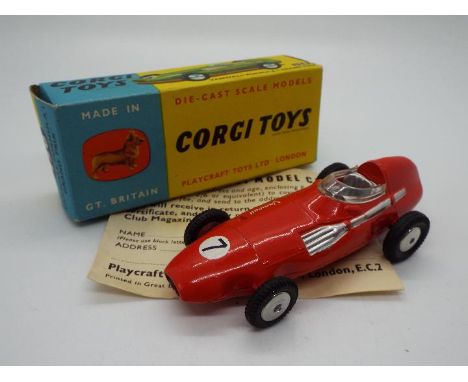 Corgi Toys - A boxed Corgi Toys #150 Vanwall Formula 1 Grand Prix Racing Car. The model in red with silver interior, spun hub