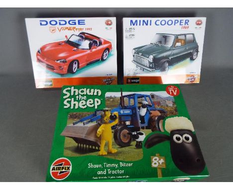 Airfix - Bburago - Lot of 3 boxed model kits, Airfix Shaun The Sheep and tractor, # 15022 Bburago Dodge Viper, # 15015 Bburag