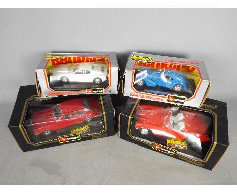 Bburago - Lot of 4 boxed Bburago cars, two in 1:24 scale and two in 1:18 scale including # 3001 Rolls Royce Camargue, # 3024 