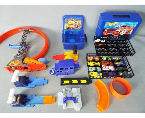 Hot Wheels - Mattel - A collection of Hot Wheels cars and accessories including carry case with two trays and 14 cars, track 