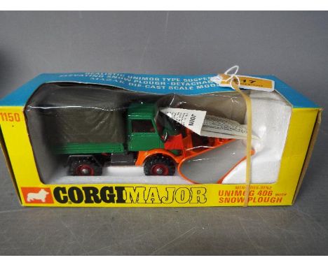 Corgi Toys - A boxed Corgi Major #1150 Mercedes Unimog 406 with Snow plough. The model in green and orange with red interior,