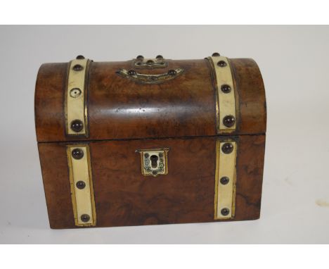 19th century walnut casket caddy with ivory banding and ivory escutcheon, the interior blue lined with two compartments