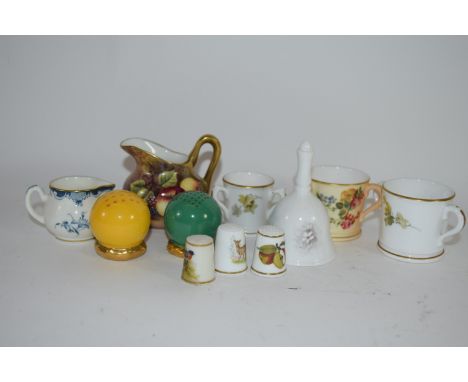 Group of Royal Worcester miniature wares including three tygs, two painted with bird decorations, further blush ground tyg wi