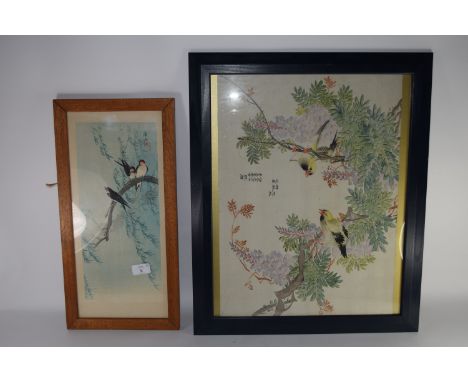 Oriental watercolour of birds in branches with inscription in black wooden frame, together with a further Oriental print of b