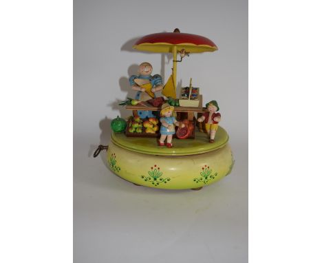 1950s German Automaton, featuring a market stall with figures of children, rotated by a musical clockwork movement.