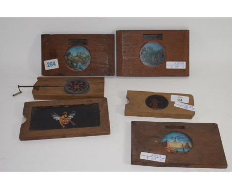 Collection of six wooden framed Magic Lantern Slides, including a sliding kaleidoscopic example (6)