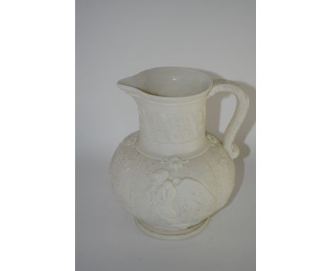 Mid-19th century Worcester porcelain jug decorated in relief with angels and panels of flowers, the base marked W H Kerr, Wor