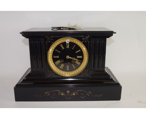 French slate Mantel Clock, with black dial surrounded by gilt ring &amp; inset decoration, indistinctly signed "? A Caen", nu