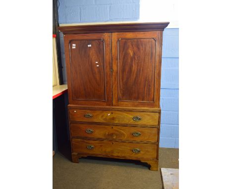 19th century mahogany converted linen press, two panel doors over three full width graduated drawers on bracket feet 1.31m wi