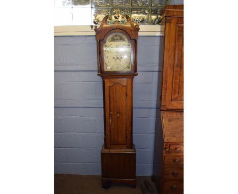 19th century oak cased longcase clock, featuring a hand painted dial with Arabic numerals, with subsidiary minute hand and da