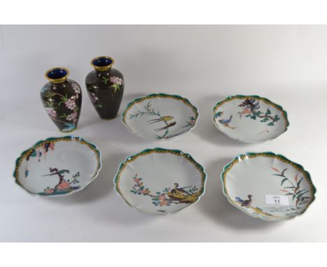 Pair of cloisonne vases with floral decoration together with five Japanese porcelain shaped plates with Kakiemon decoration o