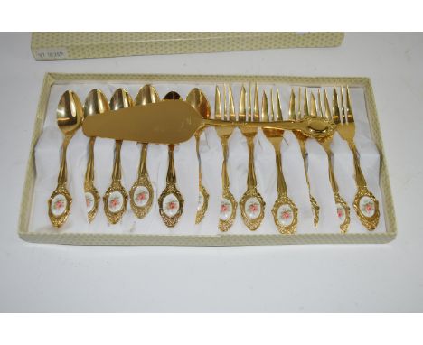 boxed set of gold plated Cake Cutlery each inset with porcelain floral panel 