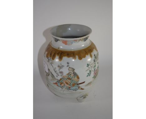 Japanese porcelain vase on three stud feet decorated with Samurai in a landscape setting with prunus, 17cm high