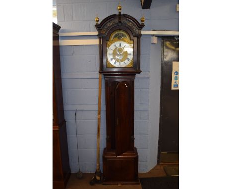 20th century mahogany long cased clock with silvered Roman chapter ring surrounding a subsidiary hand and date window, max wi
