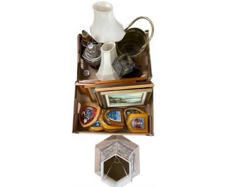 Quantity of wooden lamps and shades, coal bucket together with prints and seascape painting in two boxes