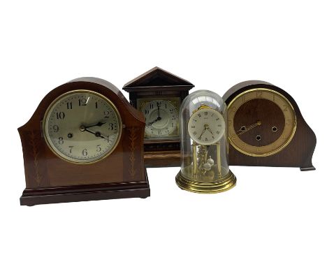 Mantel clock in inlaid mahogany case, another in oak case, timepiece in oak architectural case and a Kundo 365 day clock (4)