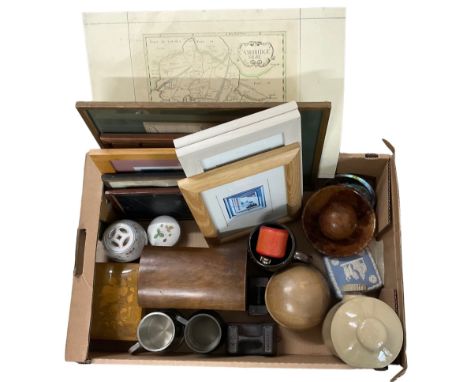 Mahogany tea caddy, stoneware hot water bottle, treen etc. together with prints and maps in one box; Stephen Weld (British 20