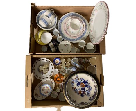 Doulton Burslem Nankin footed bowl, miniature porcelain tankards, Royal Doulton Cranbourne tea ware, bisque figures etc in tw