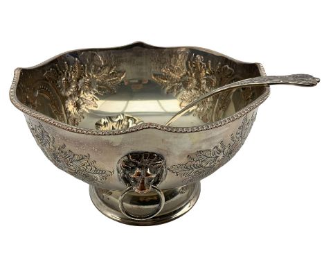 Embossed plated punch bowl with lion mask ring handles D32cm and a ladle