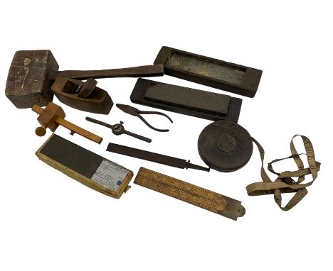 Vintage tools and associated items, including folding rule, wooden plane etc, in one box
