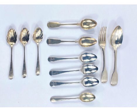A hallmarked silver fiddle pattern dessert knife and fork, London 1832; 9 various hallmarked silver teaspoons, gross weight 8