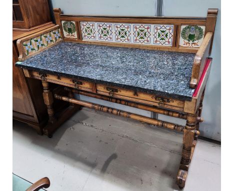 An oak Aesthetic movement tile back wash stand with replacement marble top, in the Lamb of Manchester manner, with turned 'A'