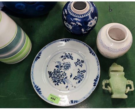 A Chinese blue &amp; white plate, two Chinese blue &amp; white Ginger Jars and a jade coloured lidded vase.&nbsp;&nbsp;Minor 