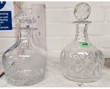 Two cut decanters, a spice rack etc 