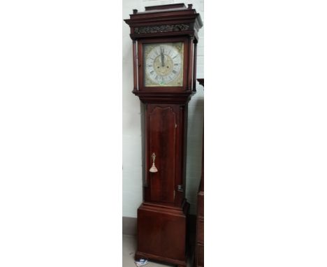 An 18th century figured mahogany longcase clock by Ptr Green, Liverpool, the caddy top hood with painted glass frieze and tur