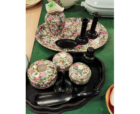 A vintage Crown Ducal ceramic and ebonised wood dressing table set. 