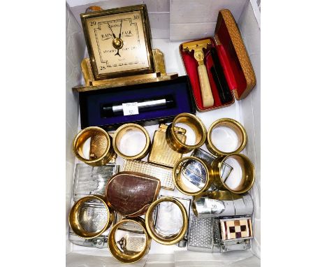 Thirteen vintage cigarette lighters; 8 19th century brass napkin rings with individual names; a jewellery box; 2 tankards; a 