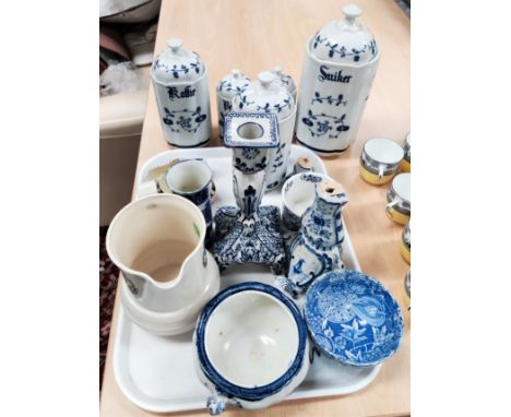 A T &amp; G reproduction jug and a selection of blue and white Delftware and similar ceramics 