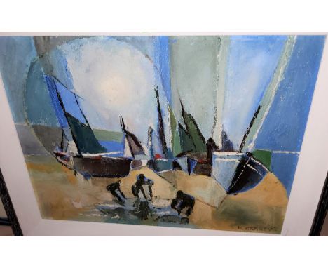 K Carey:&nbsp; beached boats and figures, oil on artists, board, signed, 35 x 45 cm, framed; B Brown:&nbsp; village street wi