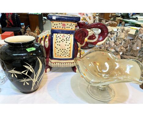 A Chinese style ceramic elephant plant stand/stool; a Murano style Studio glass pedestal dish with wavy warrants, a black vas