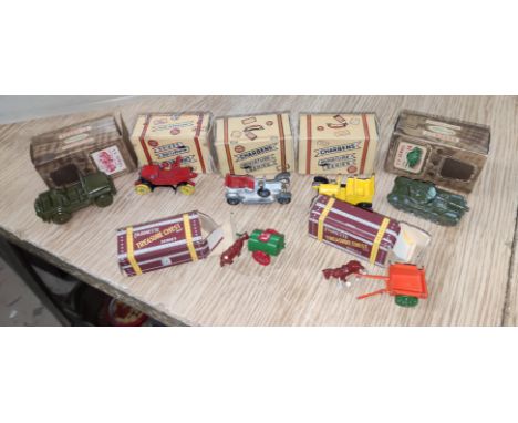 Three originally boxed Charbens miniature series, two boxed Benbros TV series vehicles and two Farmette Treasure Chest series