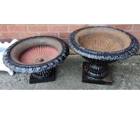 Two circular metal garden pedestal planters 54 diameter x 37 cm high & 54 diameter x 28cm high 